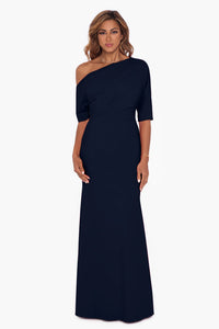 Madeline Long Scuba Crepe Off-The-Shoulder Gown in Navy