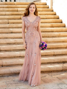 V-Neck All over beaded pattern gown with cap sleeves