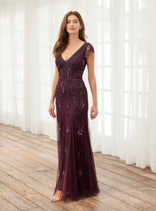V-Neck All over beaded pattern gown with cap sleeves