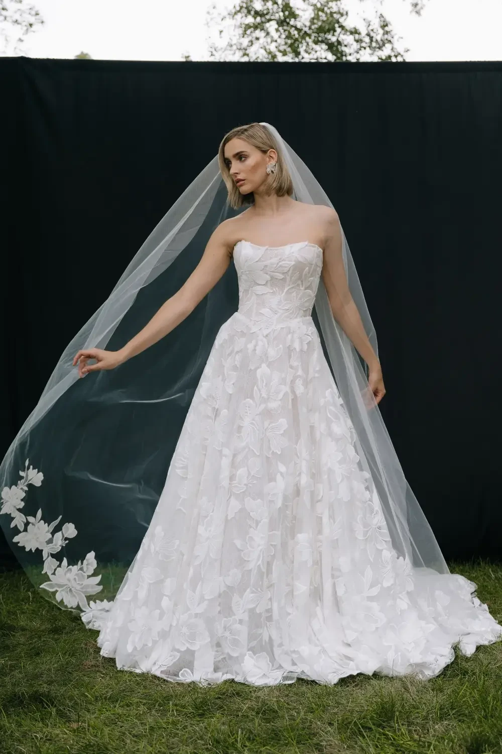 model is wearing a cathedral length bridal veil and gown