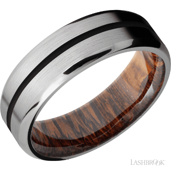 YDBN 7 mm wide/Beveled/Titanium band with one 1 mm Centered inlay of Black also featuring a Leopard Wood sleeve. #0 Silver thumbnail