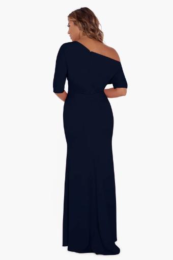 Betsy Adam Madeline Long Scuba Crepe Off-The-Shoulder Gown in Navy #1 thumbnail