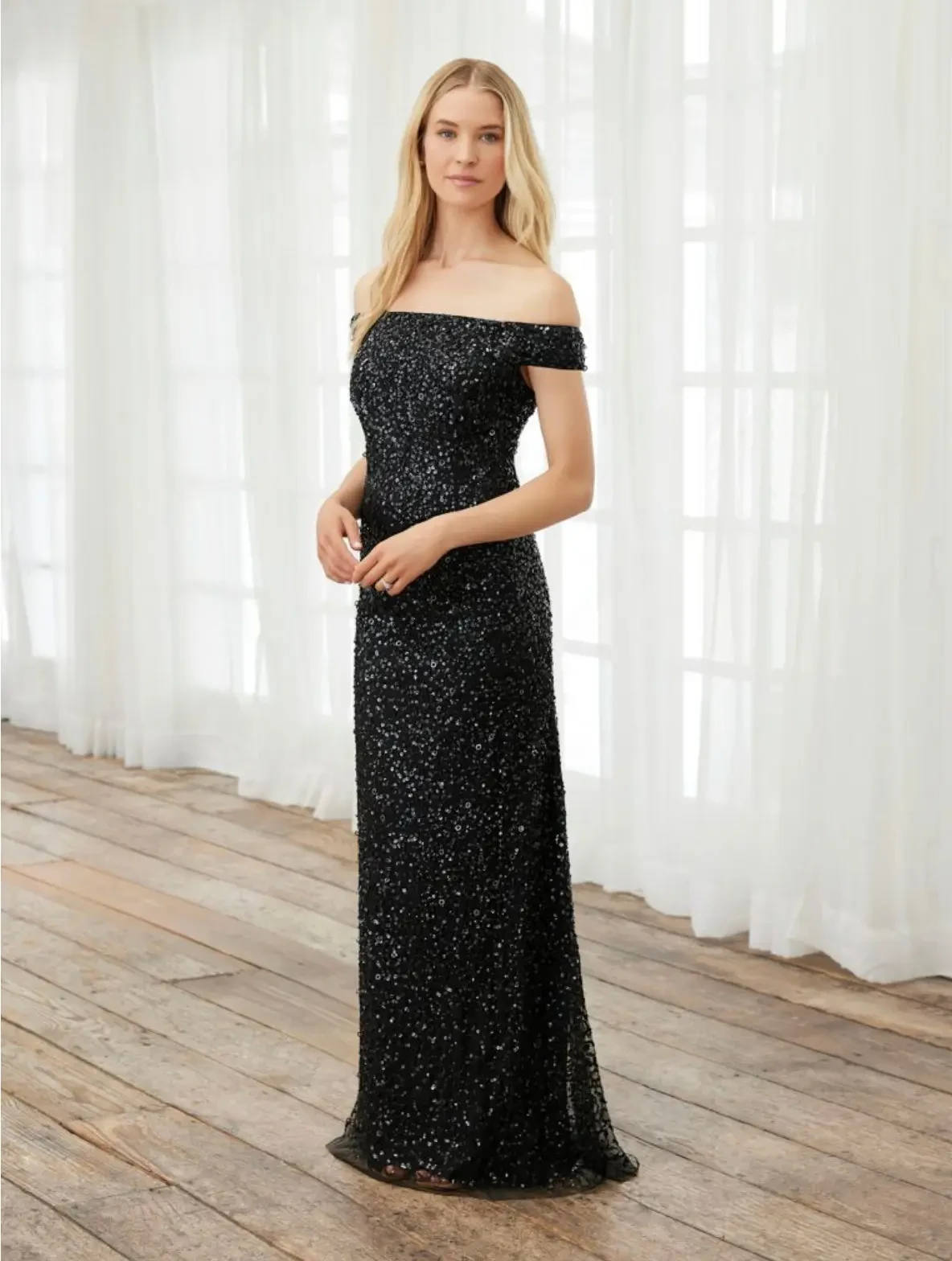Adrianna Papell Platinum | Your Day by Nicole - Off the shoulder beaded sequin  gown | Your Day by Nicole