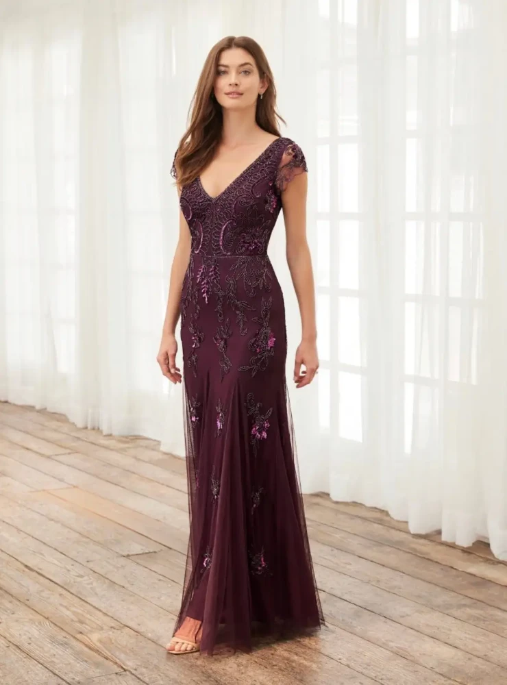 beaded sheath v neck dress with godets Portia and Scarlett PS25158 - Long Sheath Dress