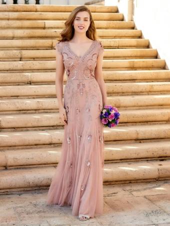 Adrianna Papell Platinum V-Neck All over beaded pattern gown with cap sleeves #4 Champagne thumbnail